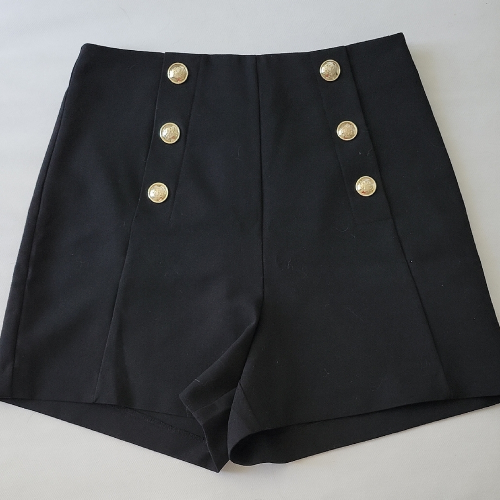 Zara Black High-Waist Sailor Shorts with Gold Buttons
